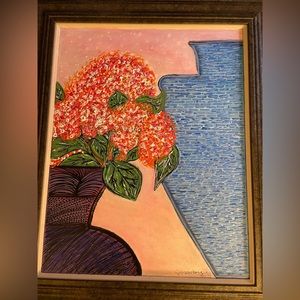 Acrylic paint on board framed. Original artwork- one of kind .